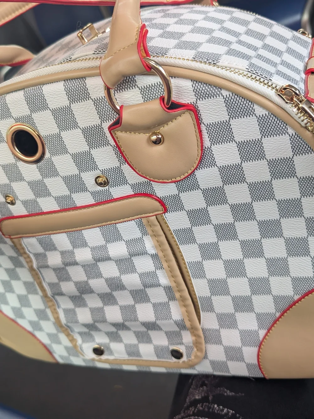 Beige & White Checkered Women’s Carry Bag with Red Trim
